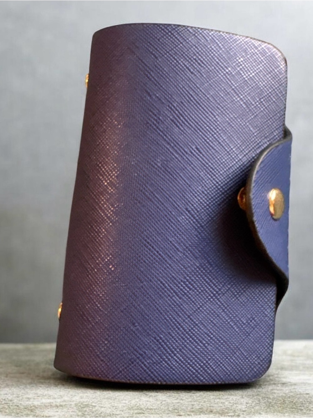 Compact Textured Navy Leather Key Case with Gold Hardware